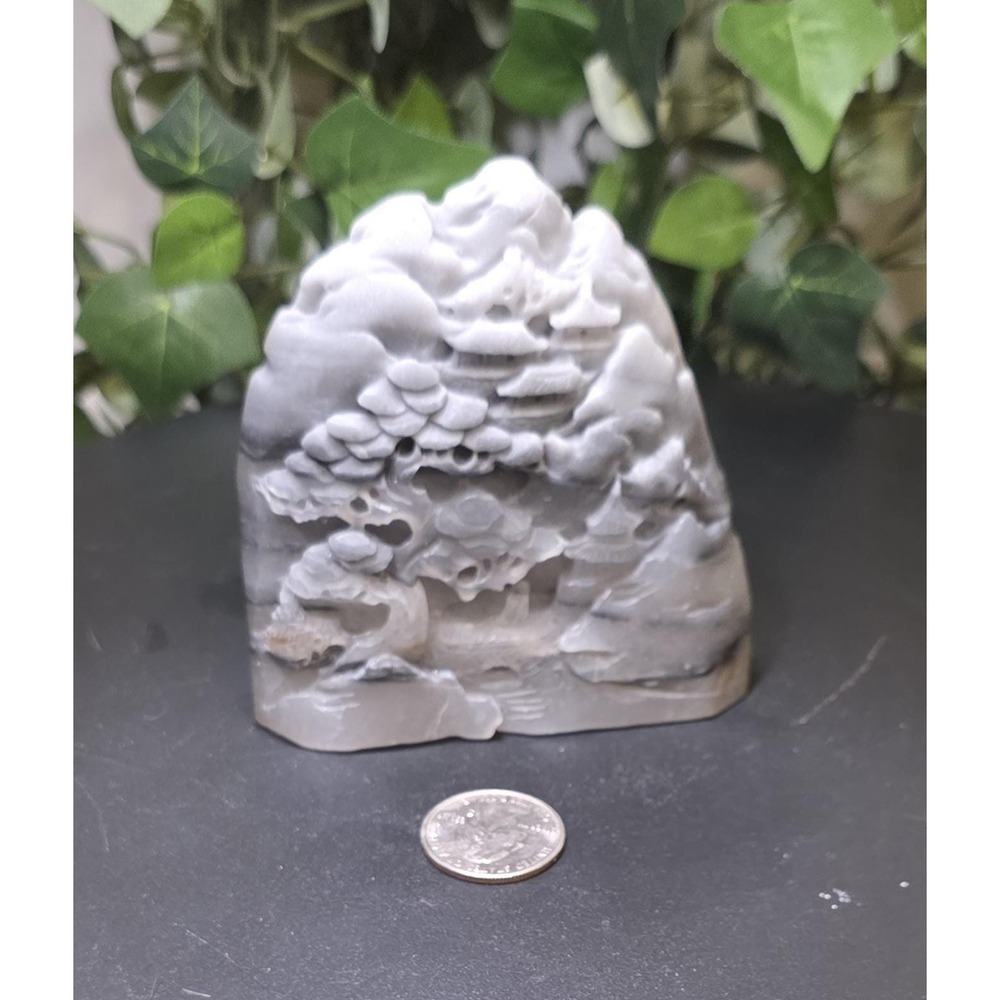 Black Gray White Jade Oriental Scene, 4x3.5 Inch Carved Gemstone